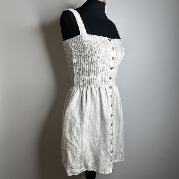 Chaser Smocked Linen Striped Ivory Mini Babydoll Dress Size S Cottage Peasant - Picture 5 of 11